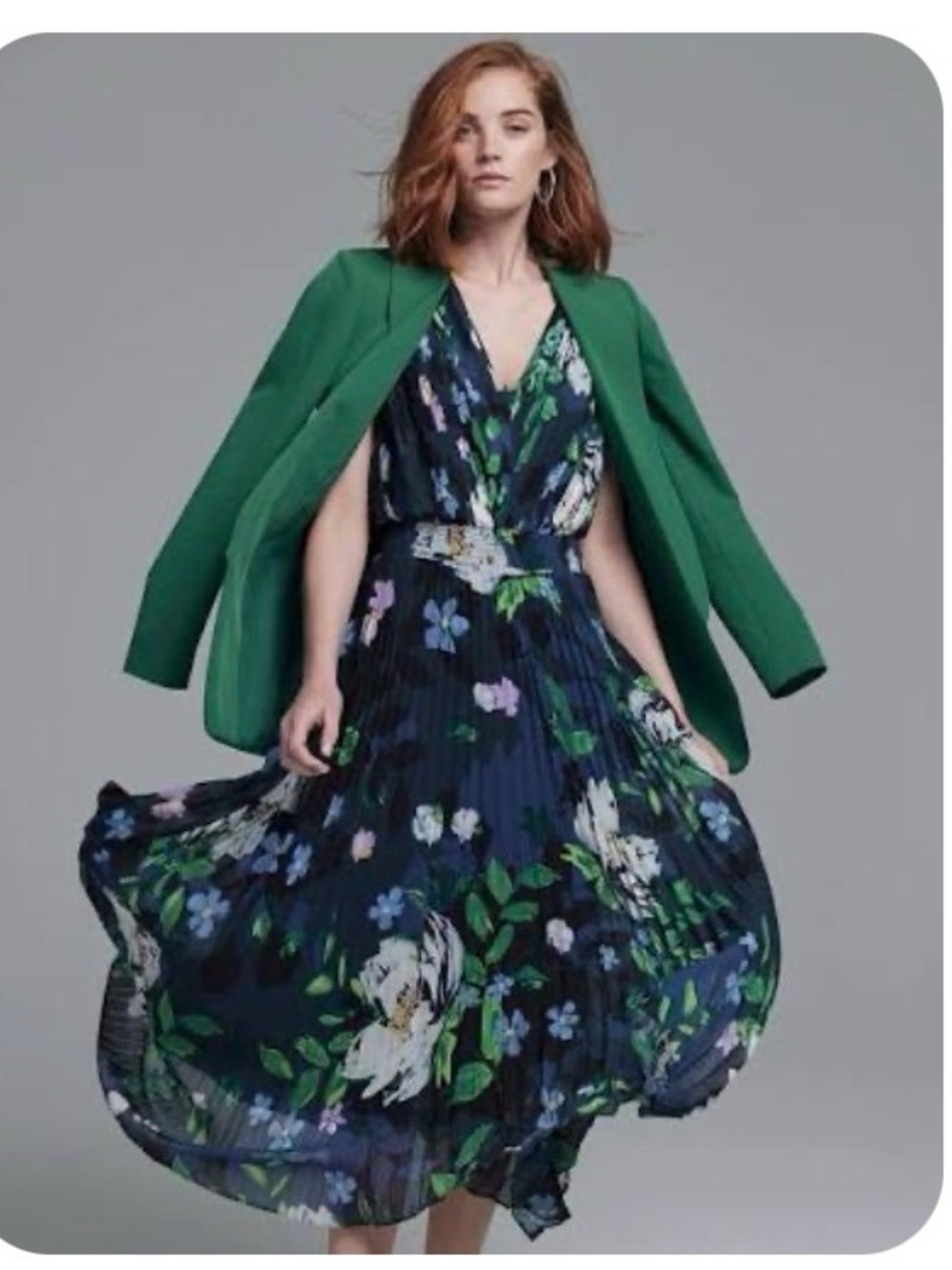 White House Black Market Sleeveless Black Floral Pleated V-Neck Midi Dress